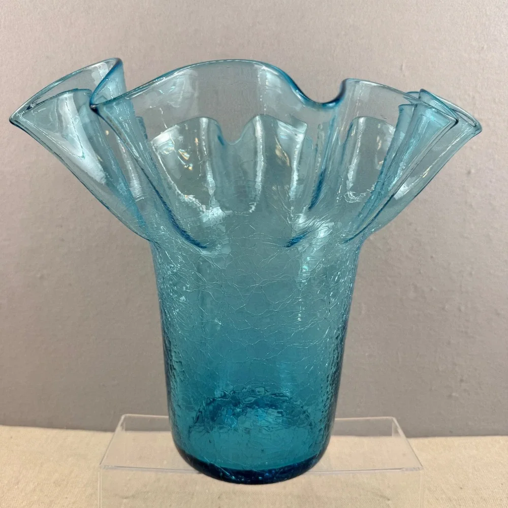 VTG Bischoff‎ Peacock Blue Glass Crackle Vase Ruffled Rim 11